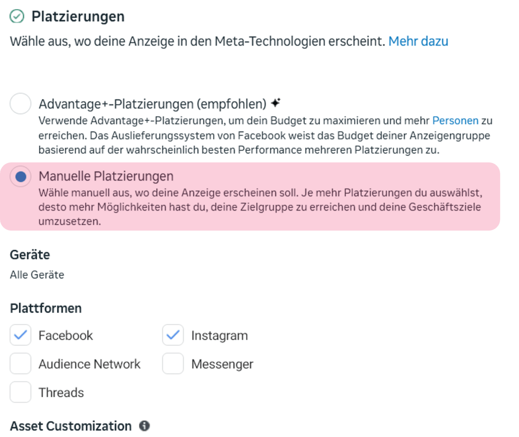 Screenshot der Einstellung im Werbeanzeigenmanager: Platzierungen/ Einstellung markiert: Manuelle Platzierung auswählen