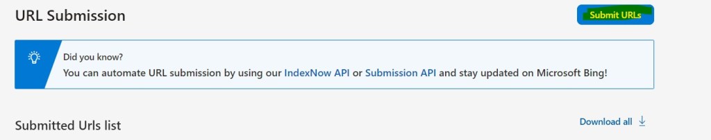 screenshot bing webmaster tool url submission bestätigen