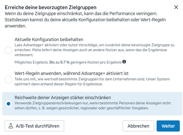 screenshot meta ads reichweite weiter einschränken