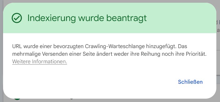 screenshot indexierung wurde beantragt google search console